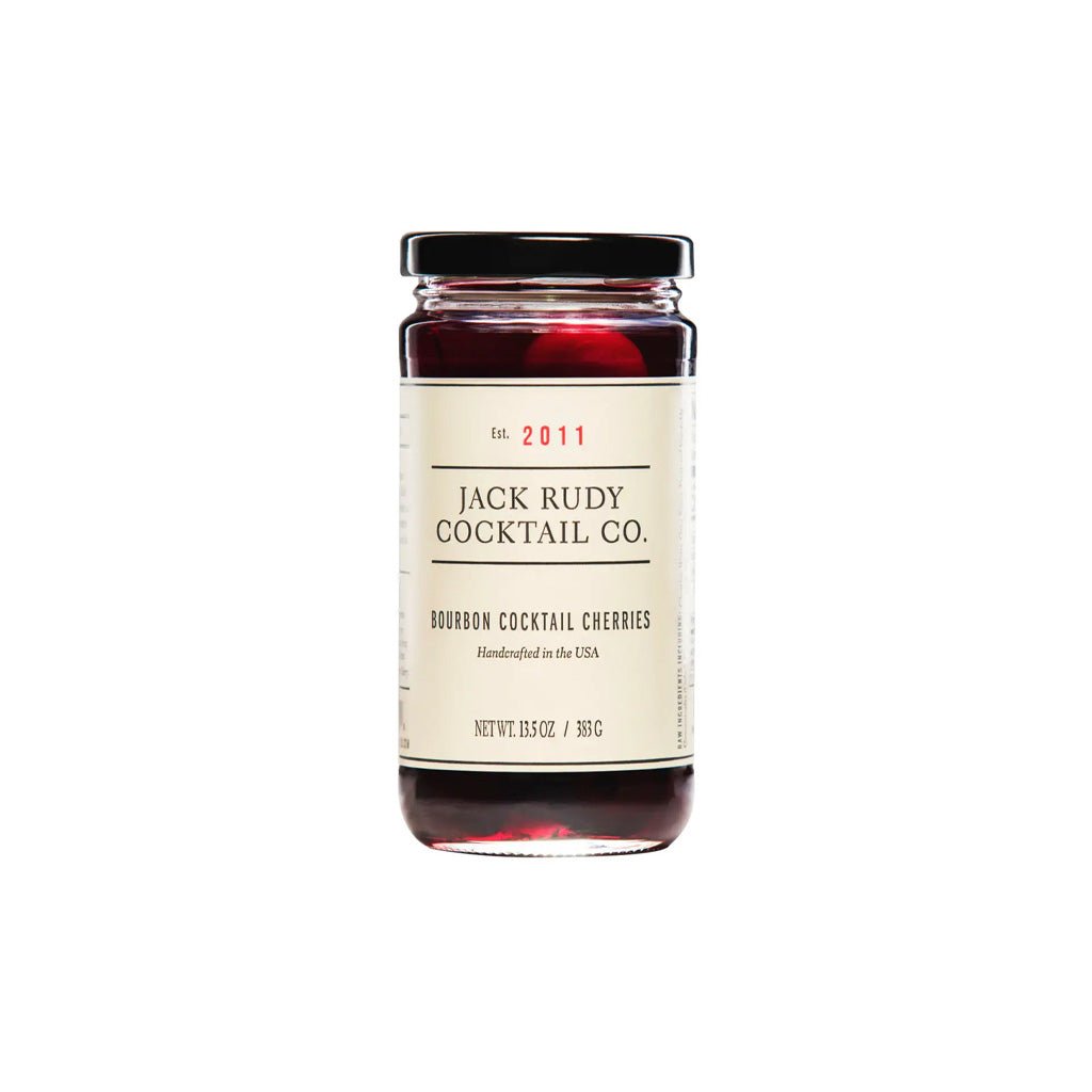 Jar of Jack Rudy Cocktail Cherries on a white background