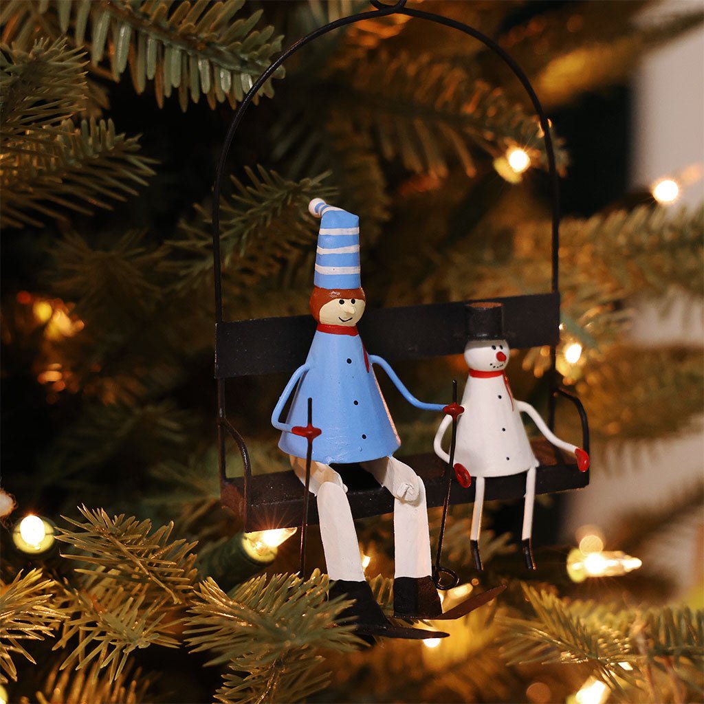 Boy & Snowman on Ski Chairlift Ornament Boston General Store