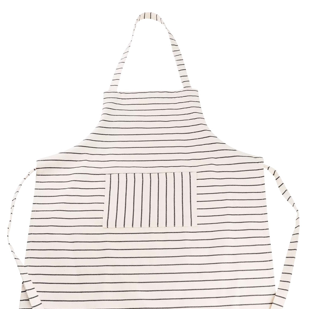A white cotton apron with thin horizontal stripes and a vertical striped front pocket, shown against a plain white background.