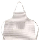A white cotton apron with thin horizontal stripes and a vertical striped front pocket, shown against a plain white background.