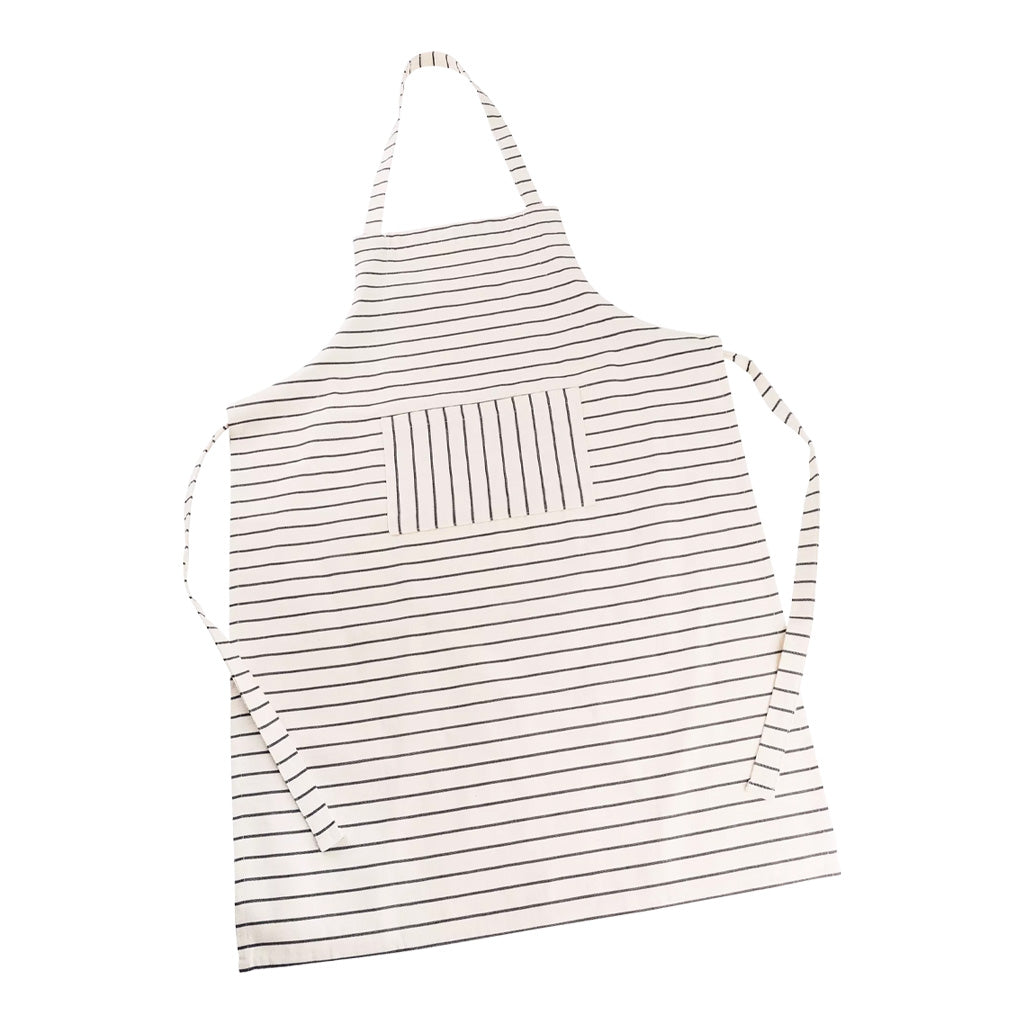 A white kitchen apron with thin horizontal stripes, featuring a front pocket with vertical stripes and a neck strap, shown on a plain white background.