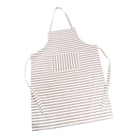 A white kitchen apron with thin horizontal stripes, featuring a front pocket with vertical stripes and a neck strap, shown on a plain white background.