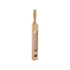A wooden bath thermometer with a clear glass tube showing temperature markings, set against a plain white background.