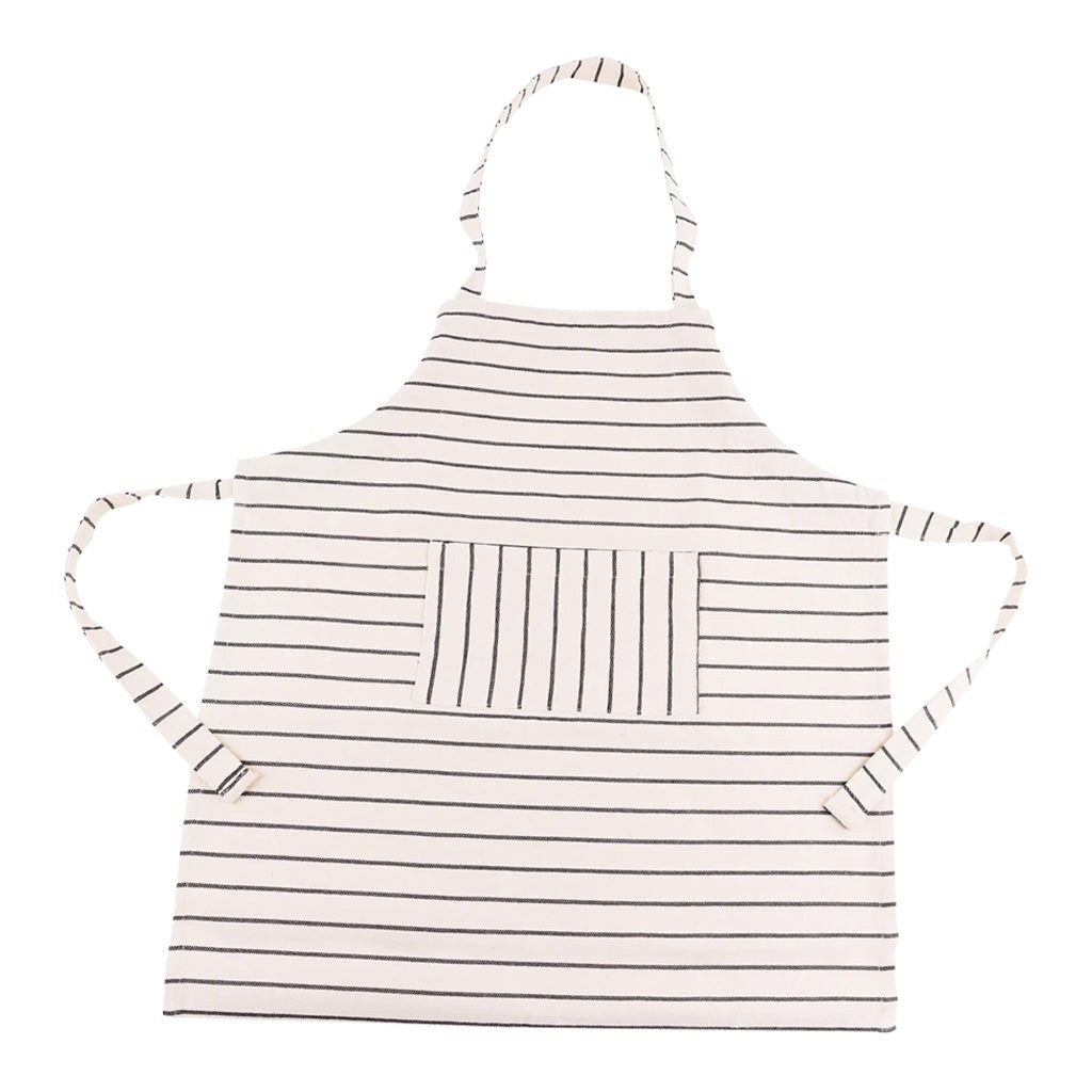 A white cotton apron for children with thin horizontal stripes, featuring a central vertical-striped pocket and hip ties and neck loop, shown on a plain white background.