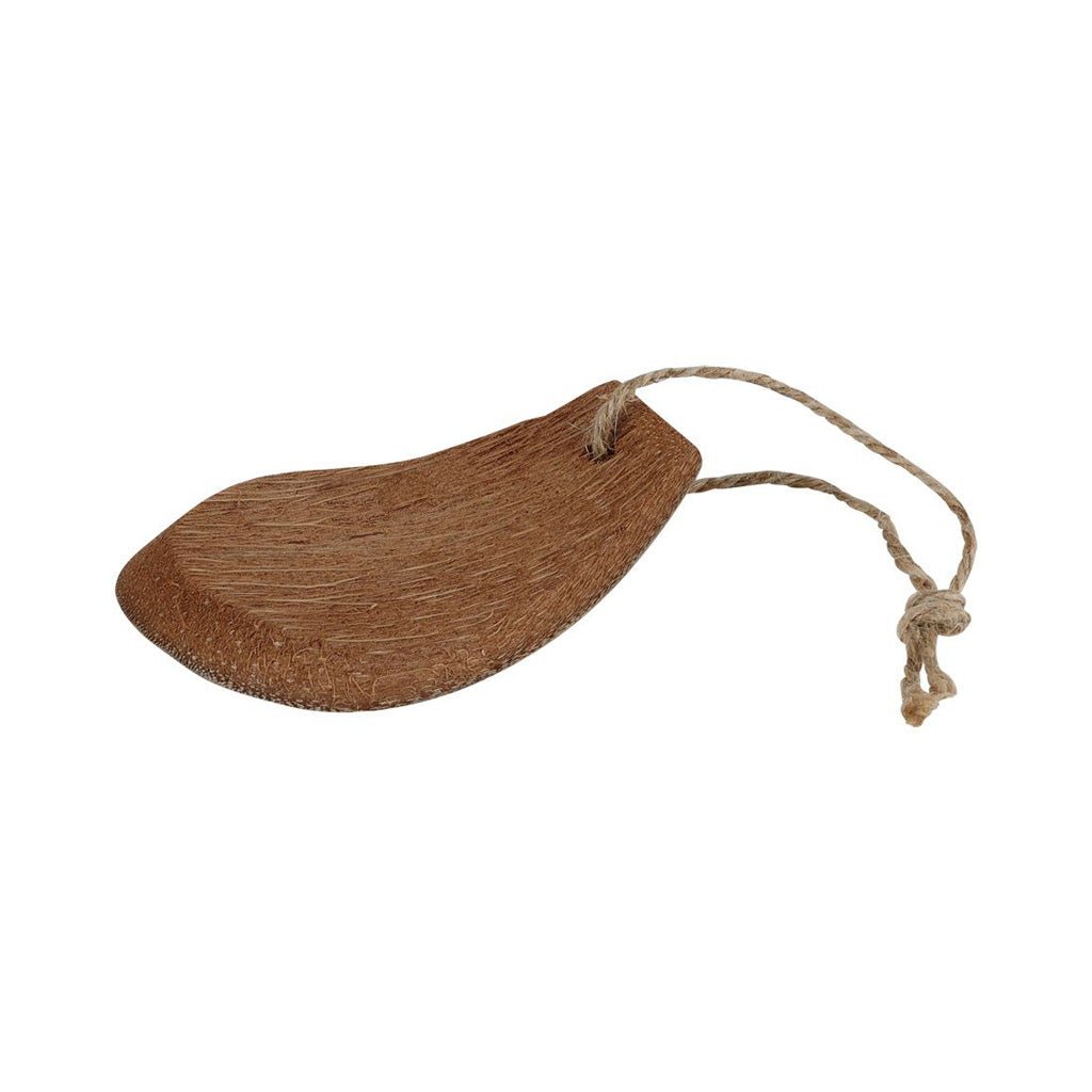 Brown coconut husk pan scraper on rope loop on white background