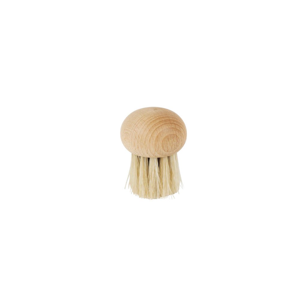 Small wooden mushroom brush with horsehair bristles on white background