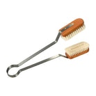 Plant leaf tongs with steel handles and wooden clamps with light-colored goat hair bristles on white background
