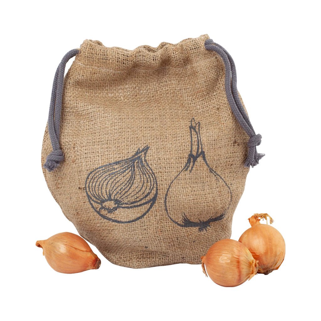 A natural burlap drawstring pouch with a dark gray printed illustration of two onions, shown with three whole yellow onions on a plain white background.