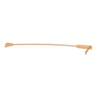 A long slender wooden backscratcher with carved hand on one side and leather loop on handle on white background
