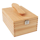 A light natural wood storage box with a matching wooden handle on top and a silver metal latch on the front, shown on a plain white background.