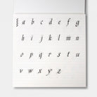 A calligraphy guide sheet with lowercase letters and guide lines on light background