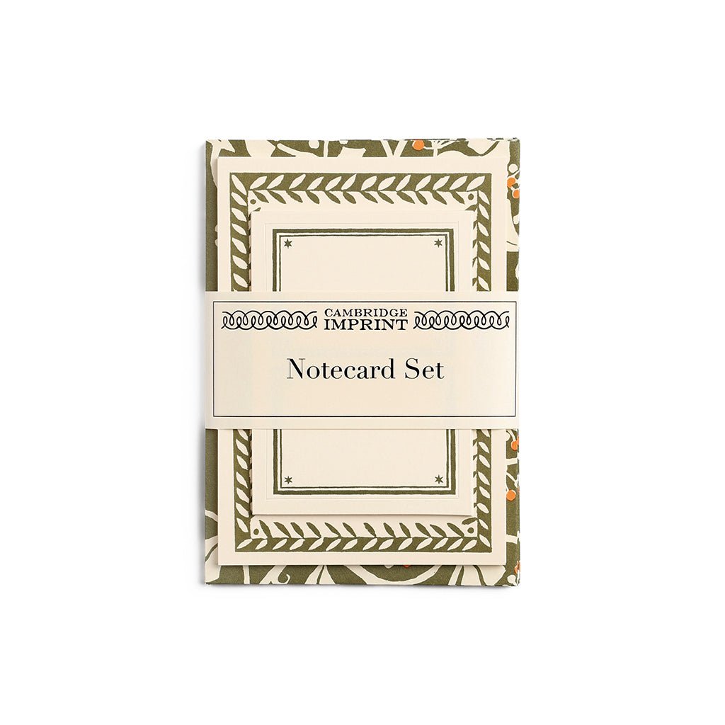 Cambridge Imprint Notecard Set with a white paper band label, featuring a green and white botanical border pattern on white background.