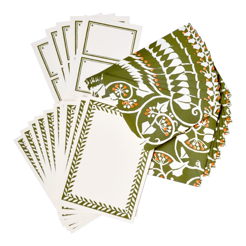 A set of decorative paper cards, envelopes, and labels with olive green borders and a matching patterned green, white, and orange envelope, arranged on a plain white background.