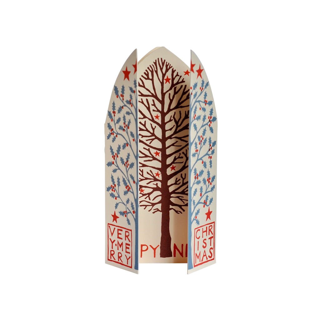 A decorative holiday greeting card with winter tree illustrations with front panels reading 'Very Merry Christmas' that unfold to reveal inside panel on white background