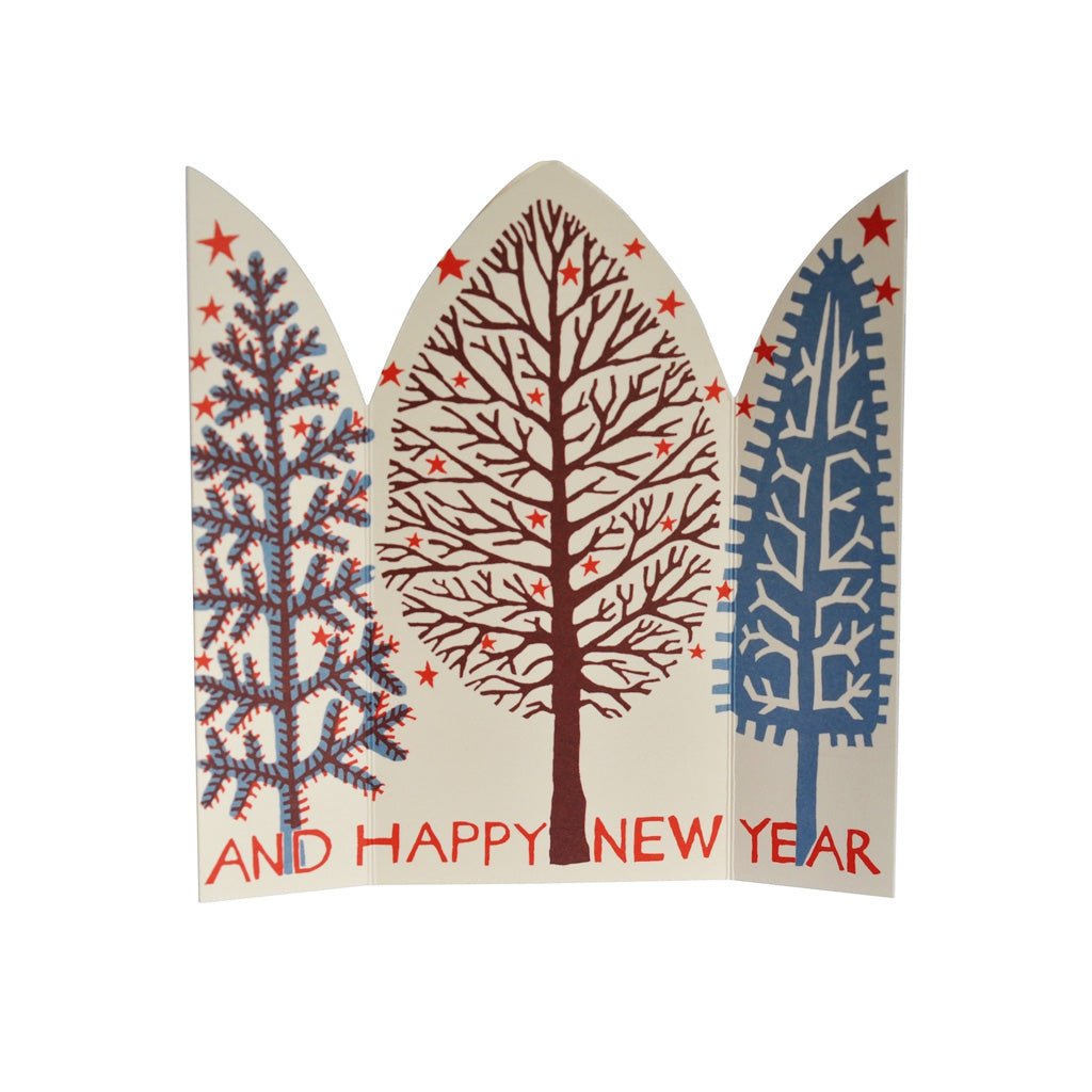 A decorative holiday greeting card with winter tree illustrations unfolded to read 'And Happy New Year' inside on white background