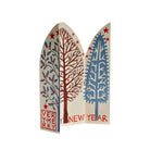 A decorative New Year's Day card with three arched panels showing stylized trees in blue, red, and brown on an off-white background, with the text 'VERY MERRY' and 'NEW YEAR'.