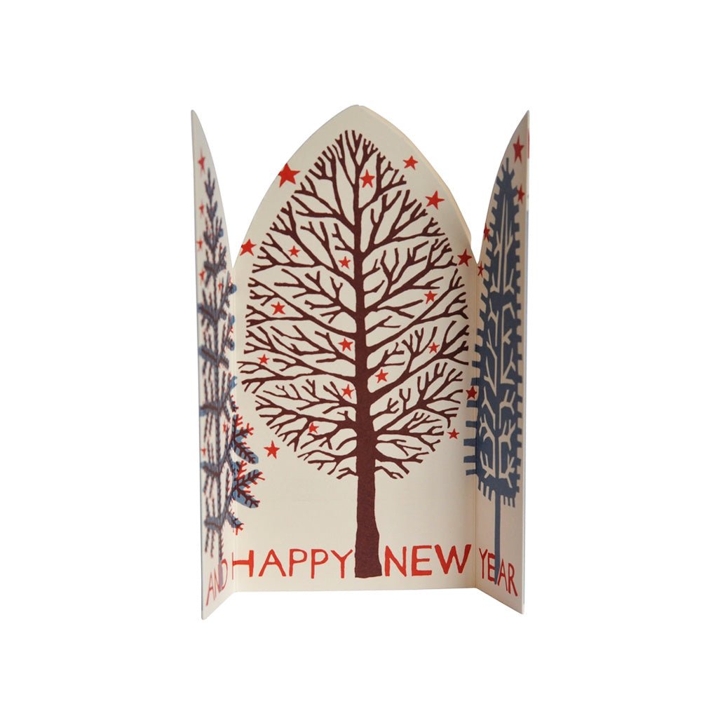 A decorative holiday greeting card unfolded with winter tree illustrations and 'And Happy New Year' message on white background