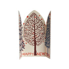 A decorative holiday greeting card unfolded with winter tree illustrations and 'And Happy New Year' message on white background