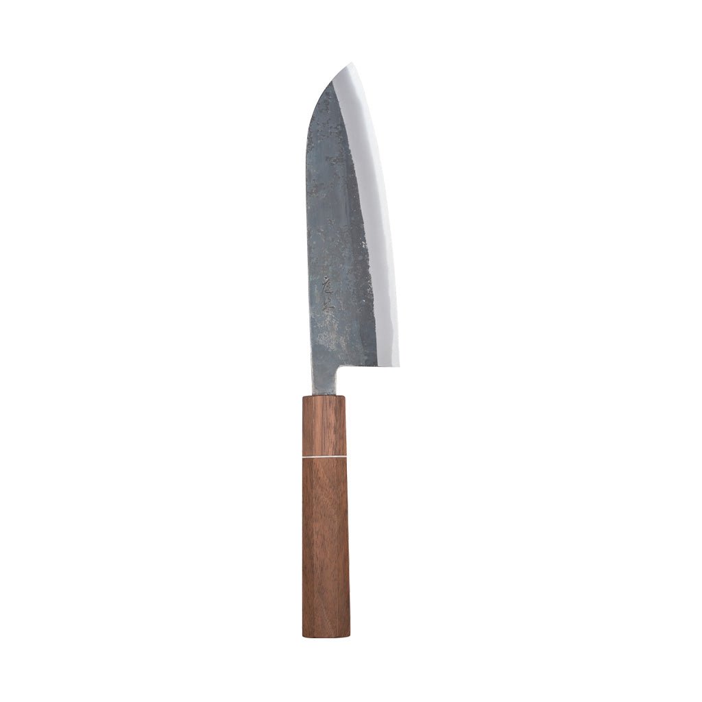 Carbon steel santoku knife with walnut wooden handles on white background