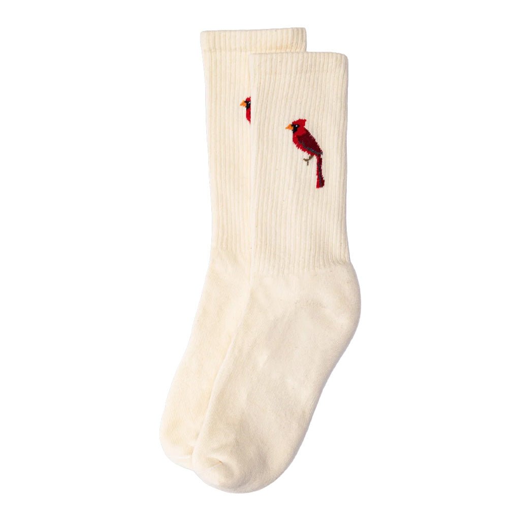 A pair of off-white ribbed crew socks featuring embroidered red cardinal birds on the sides, displayed against a solid white background.