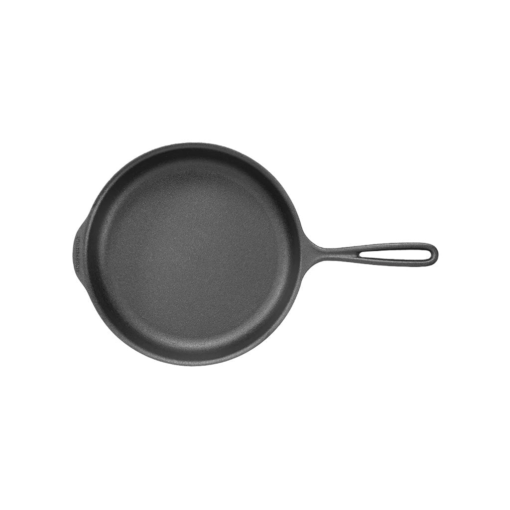 Deep 9.75 inch cast iron skillet frying pan on white background