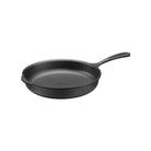 Deep 9.75 inch cast iron skillet frying pan on white background