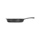 Side profile of deep 9.75 inch cast iron skillet frying pan on white background