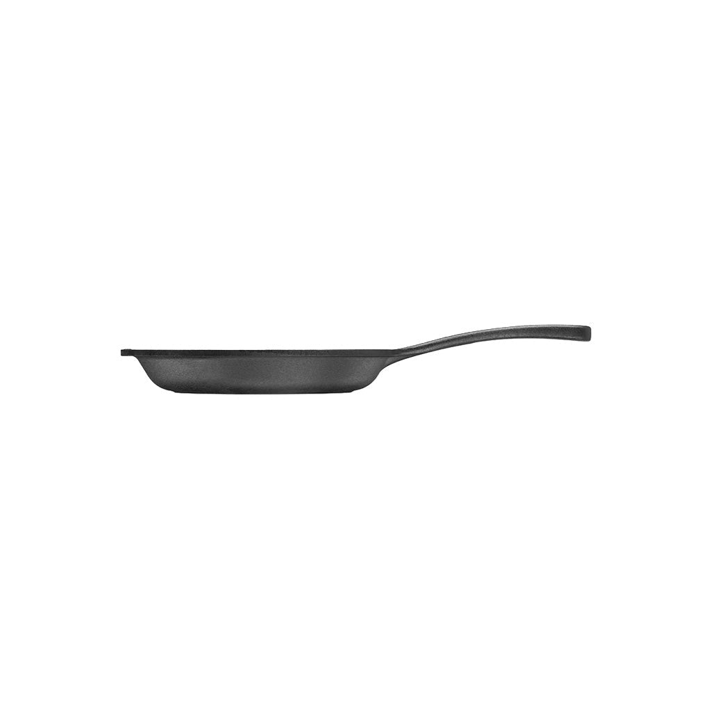 Side profile of cast iron frying pan on white background