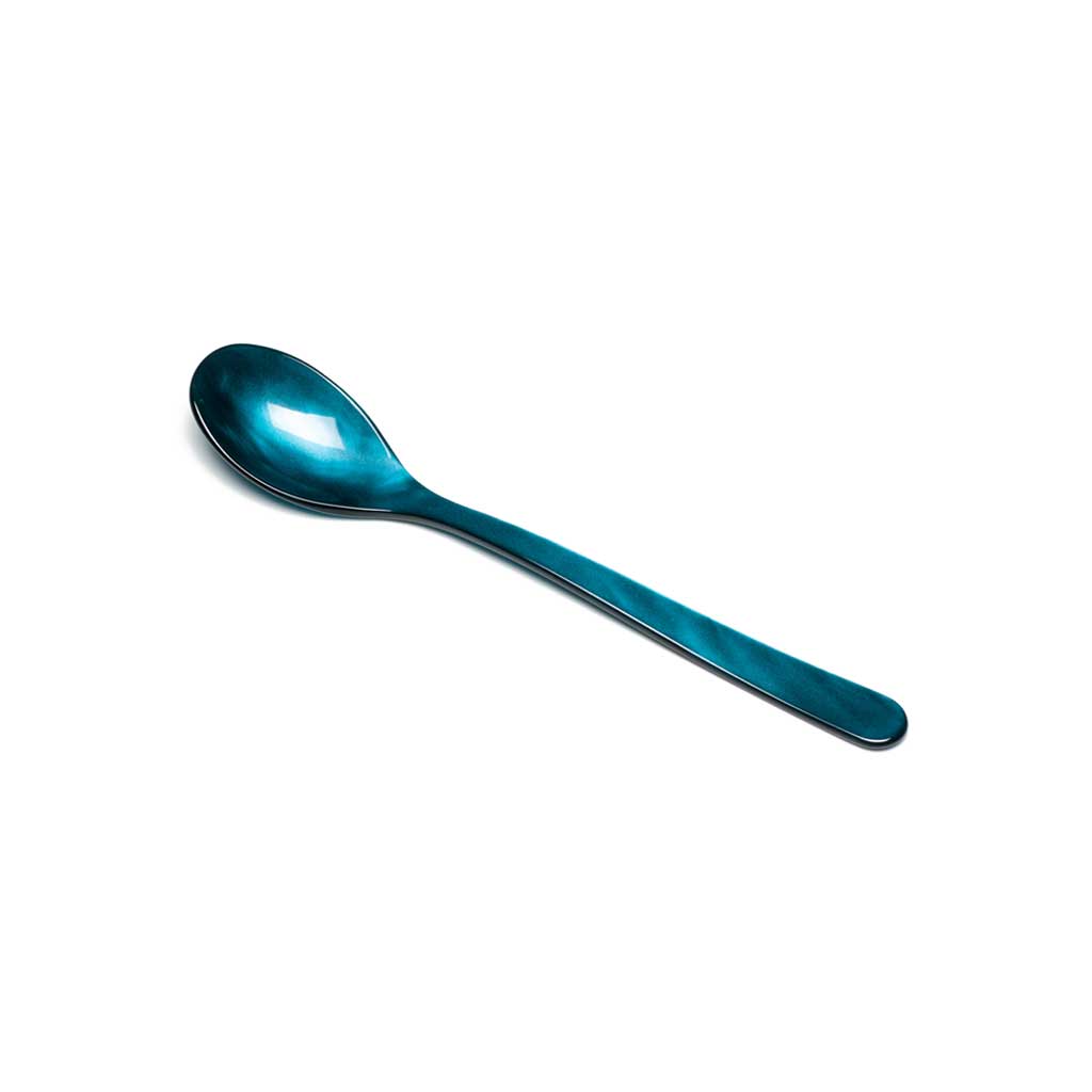 Blue petrol colored acrylic cereal spoon on white background
