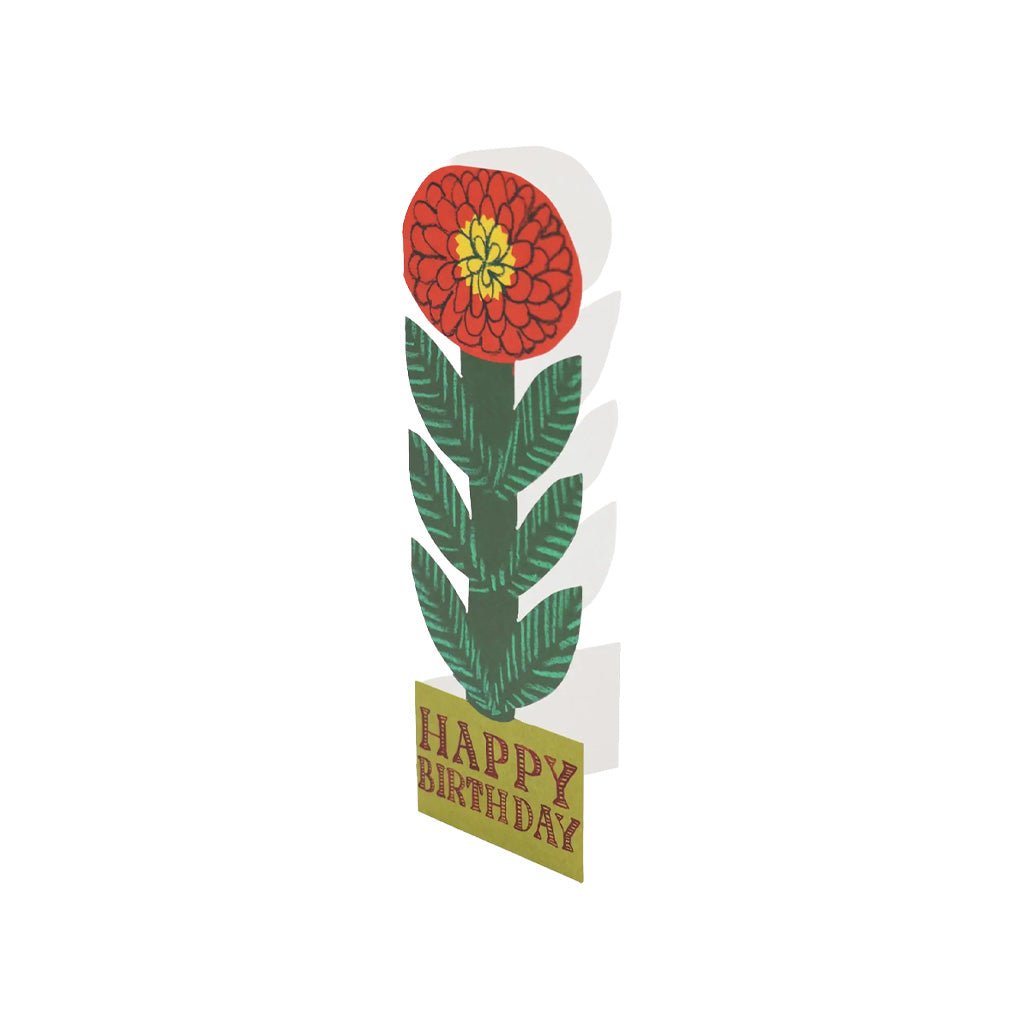 Red flower standing happy birthday card on white background