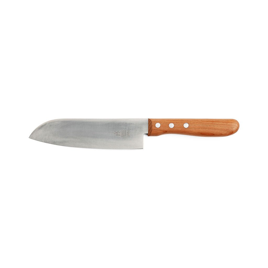 Carbon steel cherrywood santoku knife on white background