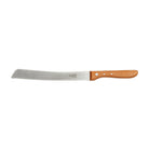 Stainless steel serrated cherrywood bread knife on white background