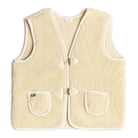 Cream-colored woolen vest with two front pockets and two toggle closures on a white background