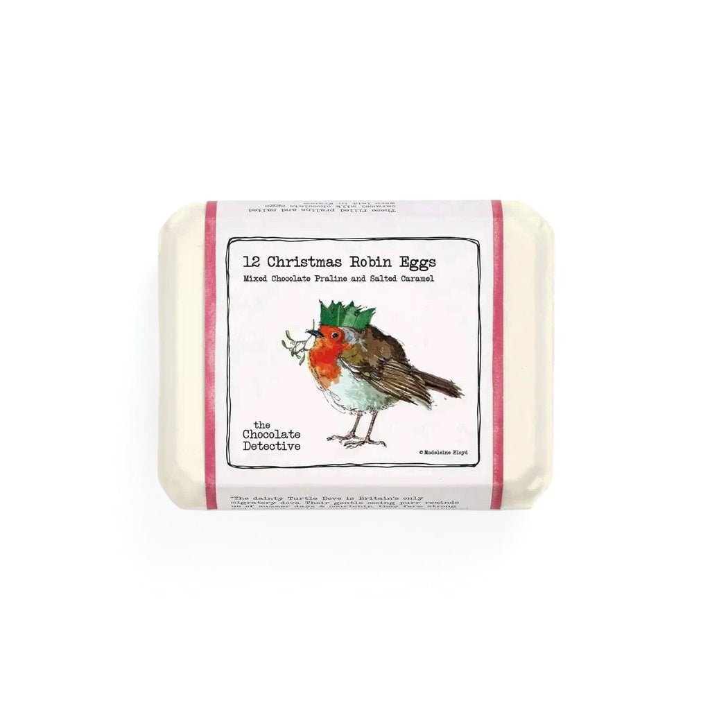 A carton of chocolate eggs with illustrated bird label.