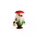A handcrafted wooden incense burner figurine of a mushroom man with a red cap, green coat, white beard, and a basket of mushrooms.