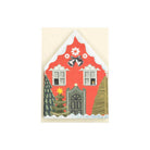 Greeting card with a festive house design featuring a tree and bells on a white background.