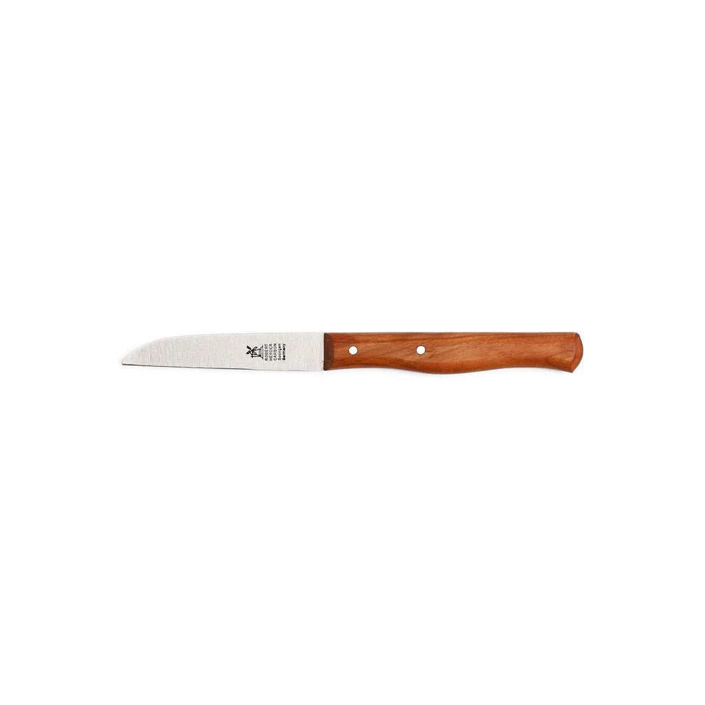 Cherrywood handle vegetable knife with carbon steel blade and windmill logo on white background
