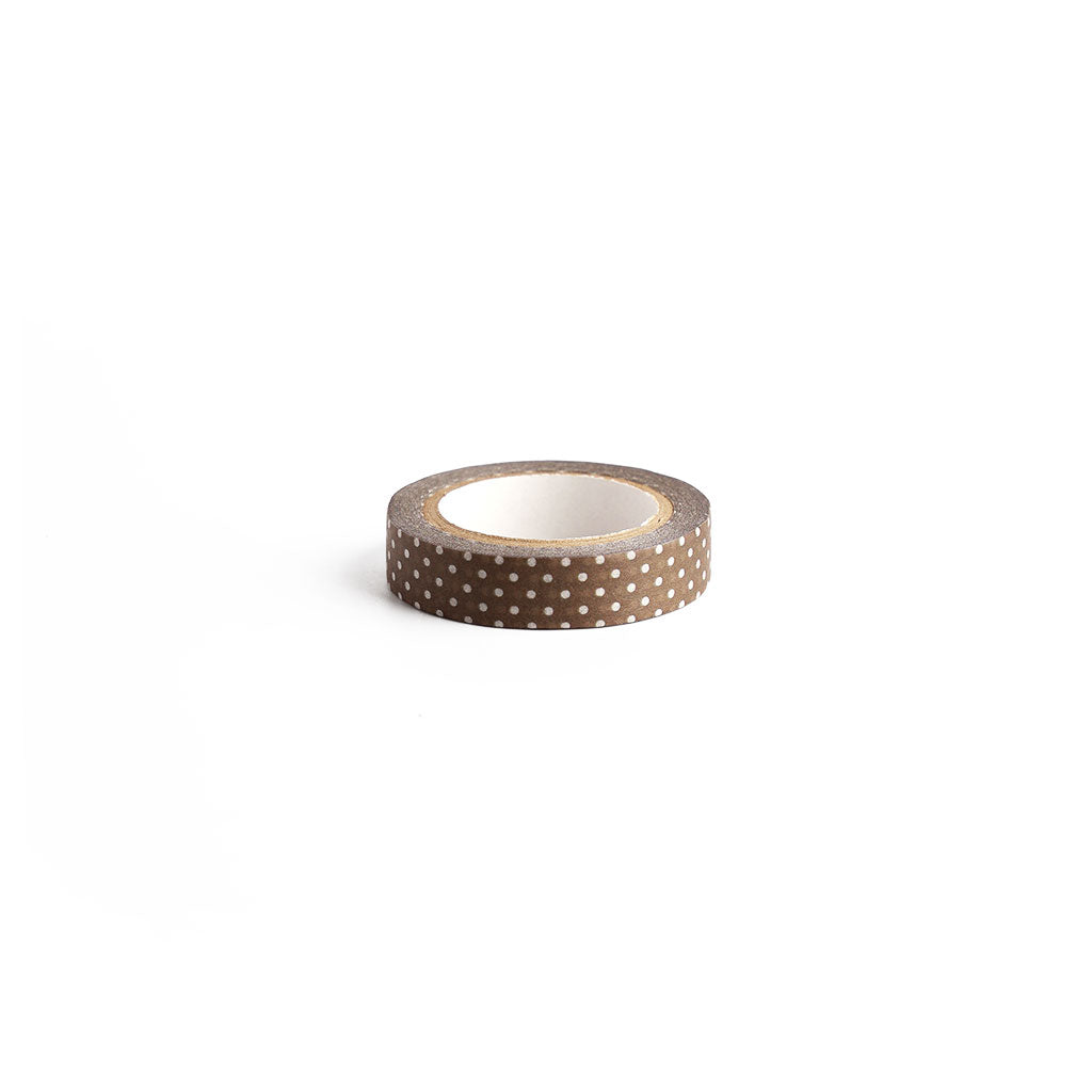 A roll of brown Classiky washi tape with small white polka dots, shown on a clean white background.