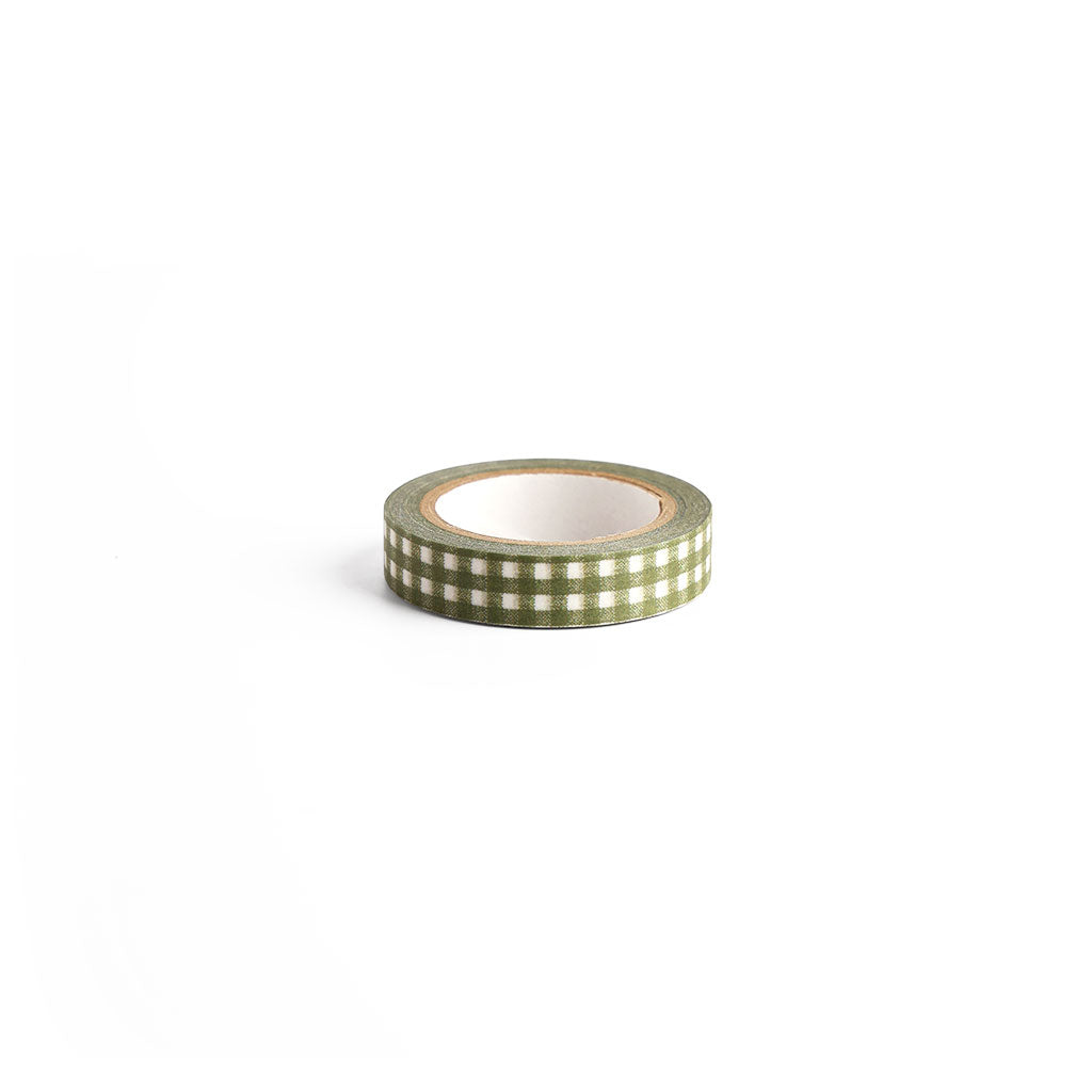 A roll of khaki-green and white gingham Classiky washi tape shown on a clean white background.