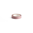 A roll of purple gray and white gingham Classiky washi tape shown on a clean white background.