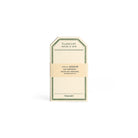 Tag-shaped cream letterpress stationery cards with a green border.