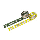 Two rolls of washi tape on a plain white background. One roll is dark green with a white cartoon dog pattern, and the other is bright yellow with a white cartoon cat pattern.