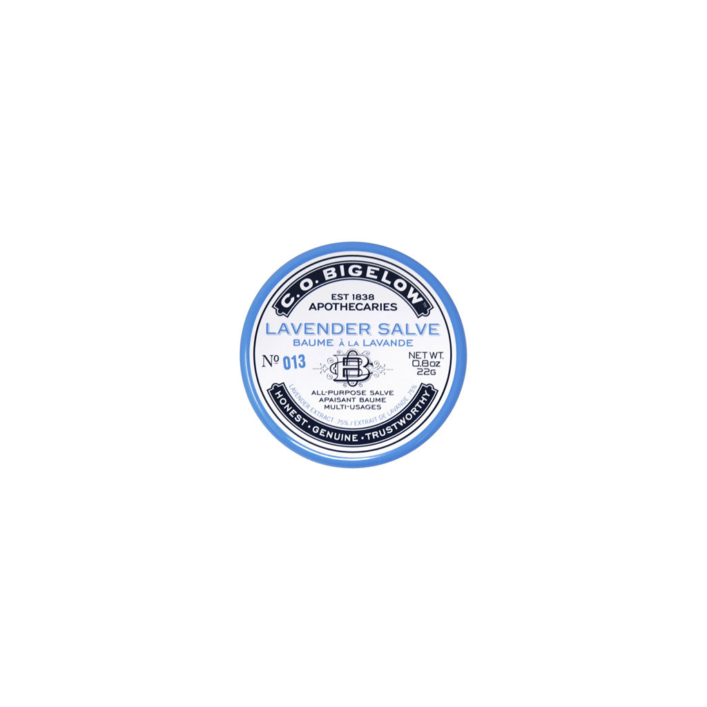 Closed tin of Lavender salve with blue details.