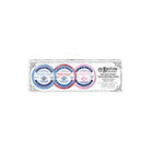 Front view of boxed set of three lip salve tins on white background.