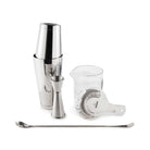 Set of cocktail-making tools including a shaker, jigger, measuring cup, and strainer on a white background.