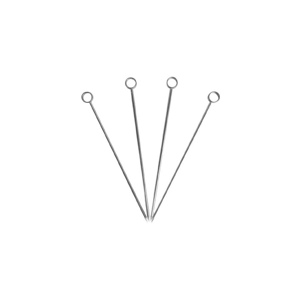 Four stainless steel cocktail picks with rounded tops on white background