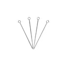 Four stainless steel cocktail picks with rounded tops on white background