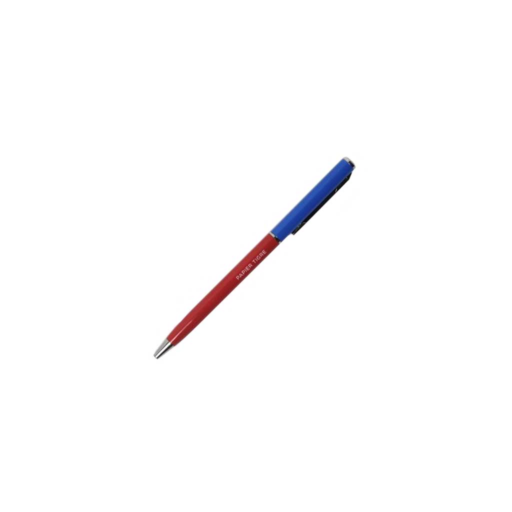 Pen with red body and blue clip on a white background