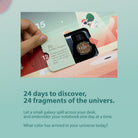 A photo of hand opening a paper door to reveal a small ink bottle inside advent calendar, above graphic for Colorverse Colorvent Advent Calendar on blue background