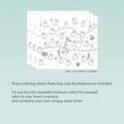 Three white coloring sheets with black line-art illustrations of hanging light bulbs and whimsical doodles, shown on a pale mint background with descriptive text about the sheets.